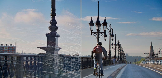 Vergleich der Sicht auf eine Brücke mit zerkratzten und makellosen Brillengläsern