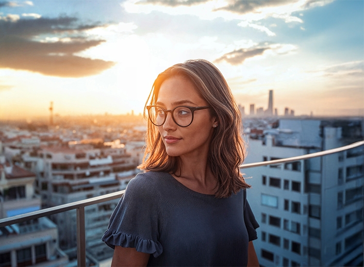 Frau sieht mit Brille in die Ferne