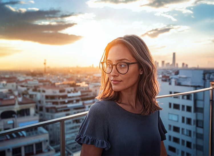 Frau mit Brille sieht in die Ferne