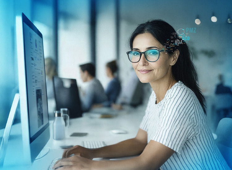 Frau mit Brillengläsern von Rodenstock sitzt an einem Schreibtisch am Computer
