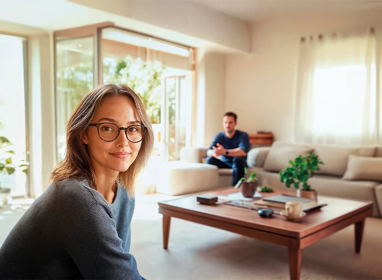 Frau mit Brille im Wohnzimmer